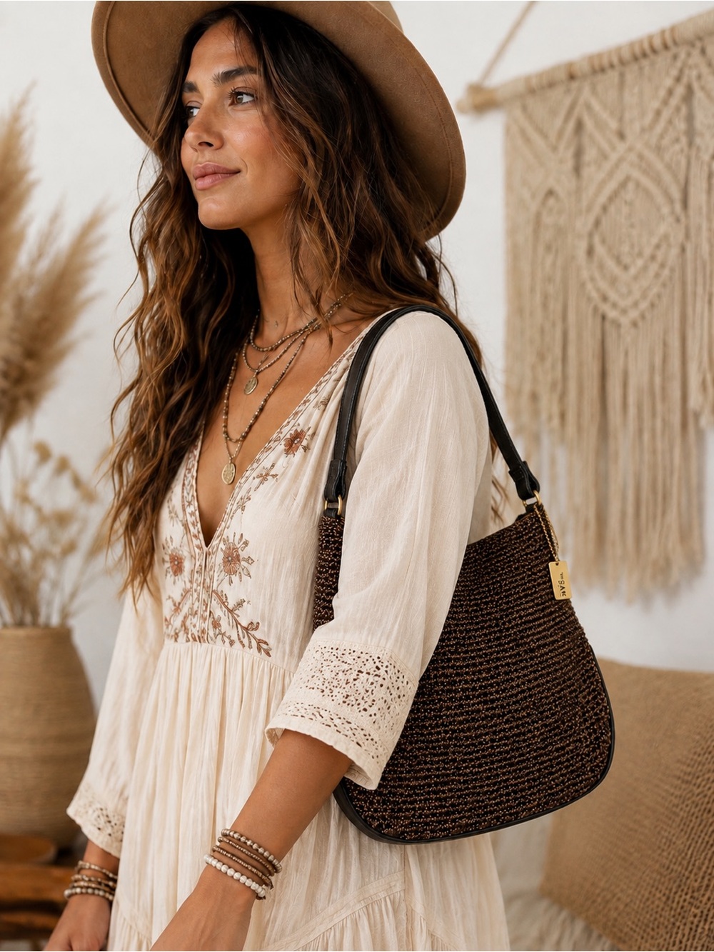 EUC The Sak Elliott Lucca Brown Crochet Woven Hobo Shoulder Bag